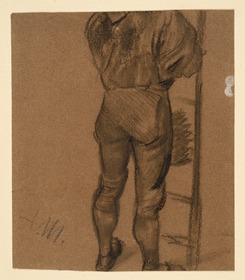Kaminkehrer mit Leiter in Rückenansicht