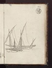 Ein dreimastiger Segler und ein kleineres Boot am Ufer liegend