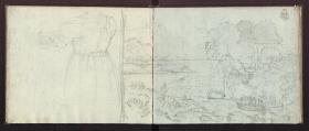 Rückenansicht einer Frau, die den linken Arm ausstreckt & Entwurf zu dem Gemälde "Blick aufs Meer bei Sonnenaufgang" von 1807 oder 1808