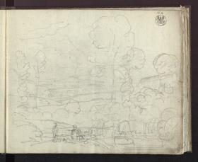 Landschaft mit zwei Staffagefiguren im Vordergrund