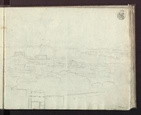 Blick vom Vomero über Neapel und den Golf zum Vesuv zur Halbinsel von Sorent mit dem Monte Sant'Angelo und Capri & Grundrissskizze mit Säulenportikus