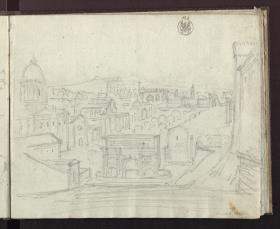 Blick vom Kapitol in Rom nach Osten auf das Forum mit dem Triumphbogen des Septimus Severus
