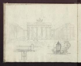 Berlin. Das Brandenburger Tor & Teil eines Gitters mit Torpfeiler & Ein gotischer Turm, wohl in einem Park