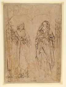 Antonius und Paulus unter einem gotischen Bogen stehend