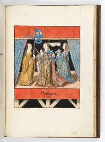Einzug der Johanna von Kastilien in Brüssel am 9. Dezember 1496: Lebende Bilder: Menelope mit zwei Frauen, die ihr Helm und Lanze halten