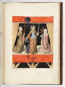 Einzug der Johanna von Kastilien in Brüssel am 9. Dezember 1496: Lebende Bilder: Theuca regina mit zwei Frauen, die ihr Helm und Lanze halten