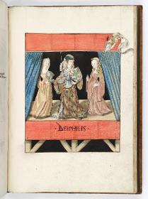 Einzug der Johanna von Kastilien in Brüssel am 9. Dezember 1496: Lebende Bilder: Deiphilis, die mit ihrer Schwester Argine Theben zerstörte, wird wird von zwei Frauen mit Helm und Lanze bewaffnet
