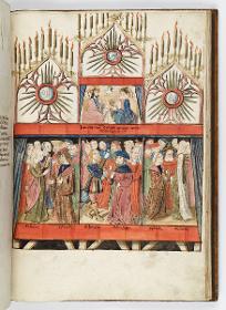 Einzug der Johanna von Kastilien in Brüssel am 9. Dezember 1496: Lebende Bilder: Dreiteilige Bühne, links und rechts Isaak mit Rebekka, in der Mitte Abraham und Elieser, darüber in einem vierten Bild die Hl. Dreifaltigkeit