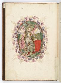 Einzug der Johanna von Kastilien in Brüssel am 9. Dezember 1496: Der Erzengel Michael mit erhobenem Schwert über dem Teufel, umgeben von einem Wolkenkranz