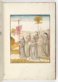 Einzug der Johanna von Kastilien in Brüssel am 9. Dezember 1496: Minoriten mit roter Fahne in hügeliger Landschaft