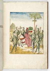 Einzug der Johanna von Kastilien in Brüssel am 9. Dezember 1496: Eine äthiopische Prinzessin auf einem weißen Pferd, von grünen, maskierten wilden Männern mit Keulen begleitet wird