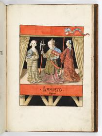 Einzug der Johanna von Kastilien in Brüssel am 9. Dezember 1496: Lebende Bilder: Lampeto regina mit zwei Frauen, die ihr Helm und Lanze halten