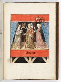 Einzug der Johanna von Kastilien in Brüssel am 9. Dezember 1496: Lebende Bilder: SSinopis, die Herkules bekämpfte, mit zwei Frauen, die ihr Helm und Lanze halten