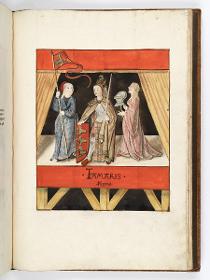 Einzug der Johanna von Kastilien in Brüssel am 9. Dezember 1496: Lebende Bilder: Tamaris regina mit zwei Frauen, die ihr Helm und Lanze halten