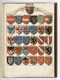 Einzug der Johanna von Kastilien in Brüssel am 9. Dezember 1496: Die Wappen der unter Philipps und Johannas Herrschaft vereinigten Länder