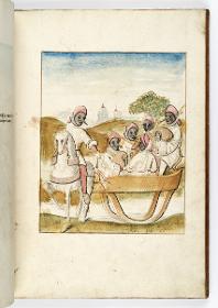 Einzug der Johanna von Kastilien in Brüssel am 9. Dezember 1496: Weißgekleidete Masken mit langen Nasen, hellroten Mützen, fahren in einem Schlitten, der von einem berittenen Schimmel gezogen wird