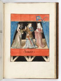 Einzug der Johanna von Kastilien in Brüssel am 9. Dezember 1496: Lebende Bilder: Hippolita mit zwei Frauen, die ihr Helm und Lanze halten