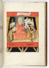 Einzug der Johanna von Kastilien in Brüssel am 9. Dezember 1496: Lebende Bilder: Vermählung von Sara und Tobias vor dem blinden Tobit. Hinter Tobias der Engel