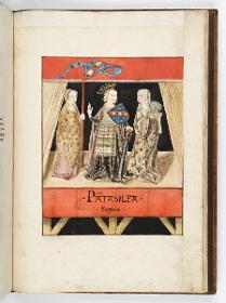 Einzug der Johanna von Kastilien in Brüssel am 9. Dezember 1496: Lebende Bilder: Penthesilea regina mit zwei Frauen, die ihr Helm und Lanze halten