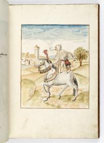 Einzug der Johanna von Kastilien in Brüssel am 9. Dezember 1496: Narr mit Narrenszepter und Blasebalg reitet auf einem Stuhl auf dem Rücken eines Schimmels. Im Hintergrund ein Schloss