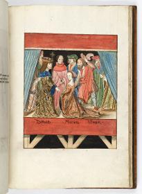 Einzug der Johanna von Kastilien in Brüssel am 9. Dezember 1496: Lebende Bilder: Michal kniet vor König David, hinter ihr der Feldhauptmann Abner
