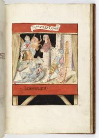 Einzug der Johanna von Kastilien in Brüssel am 9. Dezember 1496: Lebende Bilder: Thecuites lässt einen Stein von der Stadtmauer auf Abimelech fallen, der blutüberströmt daliegt. Um Ihn drei Soldaten, einer mit einem Banner