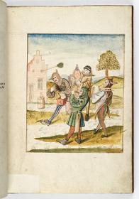 Einzug der Johanna von Kastilien in Brüssel am 9. Dezember 1496: Drei musizierende Narren begleiten einen Mönch