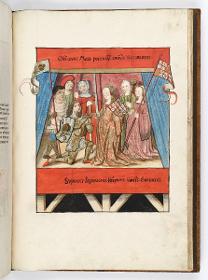 Einzug der Johanna von Kastilien in Brüssel am 9. Dezember 1496: Lebende Bilder: Erzherzog Philipp kniet vor Johanna und hält seine Krone in Händen. Hinter ihnen ein Bannerträger und eine Bannerträgerin nebst Gefolge