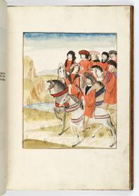 Einzug der Johanna von Kastilien in Brüssel am 9. Dezember 1496: Acht rotgekleidete "Pacificatores" zu Pferd