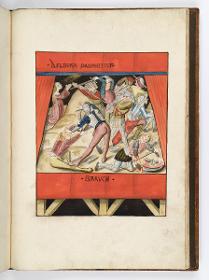 Einzug der Johanna von Kastilien in Brüssel am 9. Dezember 1496: Lebende Bilder: Deborah kniet hinter einem Hügel mit betend erhobenen Händen, während Baruch mit seinen Kriegern den Feind erschlägt