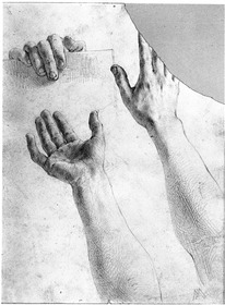 Zwei ausgestreckte Arme, Finger einer übergreifenden Hand