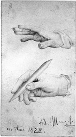 Ausgestreckte rechte Hand, rechte Hand einen Stift haltend