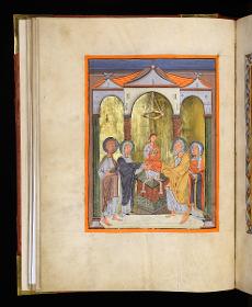 Evangelistar Heinrichs IV. (?), Darstellung Christi im Tempel. In der Mitte sitzt das Kind auf dem Altartisch, links Joseph und Maria, rechts Simeon und Anna