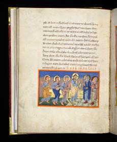 Evangelistar Heinrichs IV. (?), Christus spricht mit Moses und Elias, hinter ihm Petrus, Jacobus und Johannes mit Schriftrollen