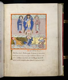 Evangelistar Heinrichs IV. (?), Die Verklärung. Zwischen Moses und Elias Christus in der Mandorla, darunter die drei hingestürzten Jünger