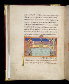 Evangelistar Heinrichs IV. (?), Taufe Christi. Christus in der Mitte steht bis zur Hüfte im Wasser, links am Ufer Johannes, rechts ein Engel mit den Kleidern Christi