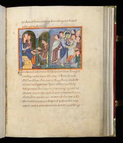 Evangelistar Heinrichs IV. (?), Handwaschung des Pilatus (dem ein Diener den Traum seiner Frau erzählt) und die Verspottung Christi, in einem Rahmen nebeneinander