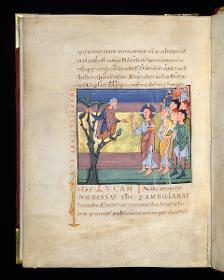 Evangelistar Heinrichs IV. (?), Christus trifft Zachäus, der links auf einem Maulbeerbaum steht