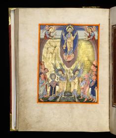 Evangelistar Heinrichs IV. (?), Christi Himmelfahrt. Christus auf einer Wolke in der Mandorla zwischen den Halbfiguren zweier Engel, darunter zwei emporweisende Engel zwischen Maria und den Aposteln