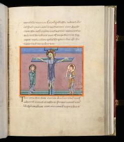 Evangelistar Heinrichs IV. (?), Christus (nach byzantinischer Tradition völlig bekleidet) am Kreuz zwischen Maria und Johannes