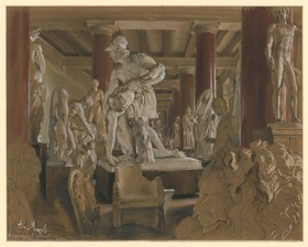 Aufbewahrungssaal der Gipsabgüsse während des Museumsneubaus im Alten Museum