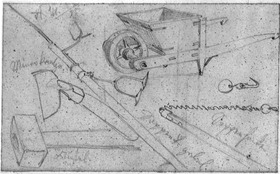 Karre, Minenkratze, Faustel, Sappeurgabel und -haken