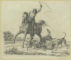 Reiter und vier Hunde, einen Hasen zerrend