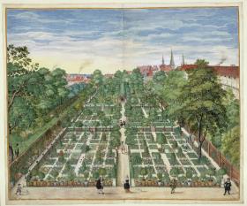 Der Barockgarten des Bürgermeisters Caspar Anckelmann in Hamburg, aus "Horti Anckelmanniani", Tom. I [II nicht nachgewiesen], Bll. 2v/3r