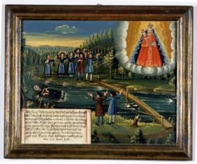 Mutter Gottes vor Lichtloch in Wolkengirlande / Ertrinkende Frau im Fluss.