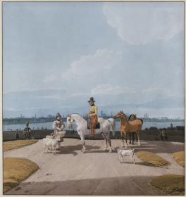 Herrenreiter mit Hund und Landmädchen mit Schaf und Ziege am Isarufer vor München (Blick von der Giesinger Höhe)