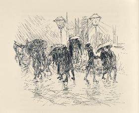Die Gesellschaft geht in strömendem Regen nach Hause