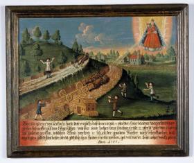Mutter Gottes auf Wolkenkissen / Unglück mit Pferdewagen