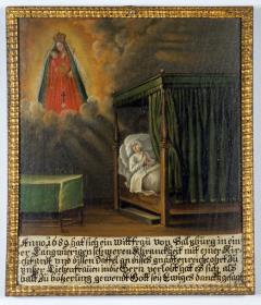 Anno 1689 hat sich ein Wittfrau von Salzburg in einer Langwierigen schweren Khranckheit mit einer Kirchfahrdt und dissen Däffel an disses gnadthenreiche ohrt zu unser Liebenfrauen in die Gern verlobt hat es sich als balt zu bößerung gewendt Gott sey Ewiges dankh gesagt.