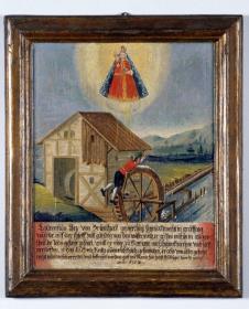 Laurentius Sex von Brunthall gebyrthig shmidtkhnecht in Gräffing wurde auf der shleiffmill gähling von den wasser rath ergriffen mithin in augensheinlihe Todesgefahr gesetzet, weil er aber zu Mariam nach hehenkirchen umb hilff gerueffen, ist das Lauffente Rath augenblickhlich gestandten, er also von aller gefahr recht wunderlich errettet und befryet worden. Gott und Mariä seye hehst shuldiger dankkh gesagt. anno 1752.